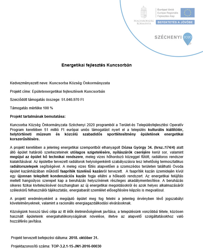 Energetikai fejlesztés Kuncsorbán TOP-3.2.1-15-JN1-2016-00030